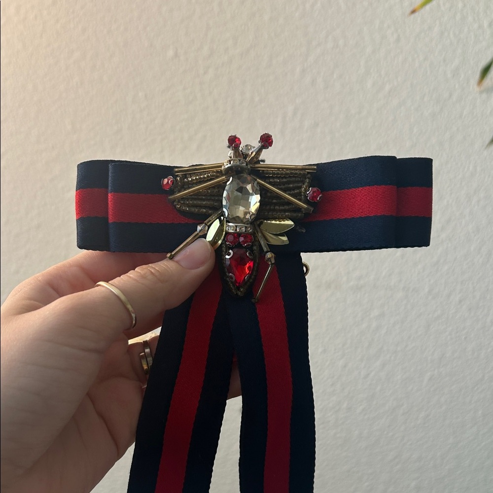 Navy and Red Ribbon Brooch with Insect Design